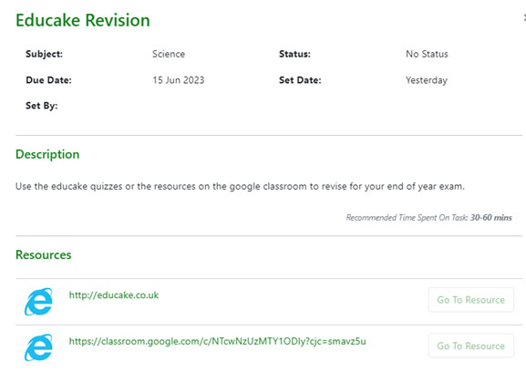 Image from Go4Schools showing an example homework task