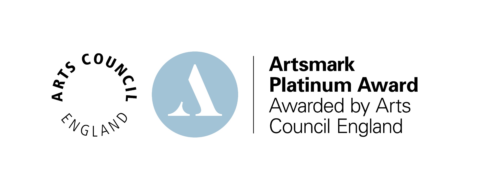 arts council text in circle next to a blue circle with white A, a vertical line devides Artsmark Platinum Award text on right.