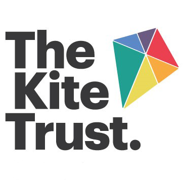 Black text with multi coloured kite design on right