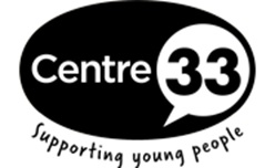 Centre 33 logo, black oval with Centre in white writing. inside a white speak bubble with 33 inside in black text
