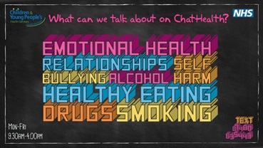 Black background with neon coloured text, EMOTIONAL HEALTH RELATIONSHIPS SELF HARM BULLING ALCOHOL HEALTHY EATING DRUGS SMOKING