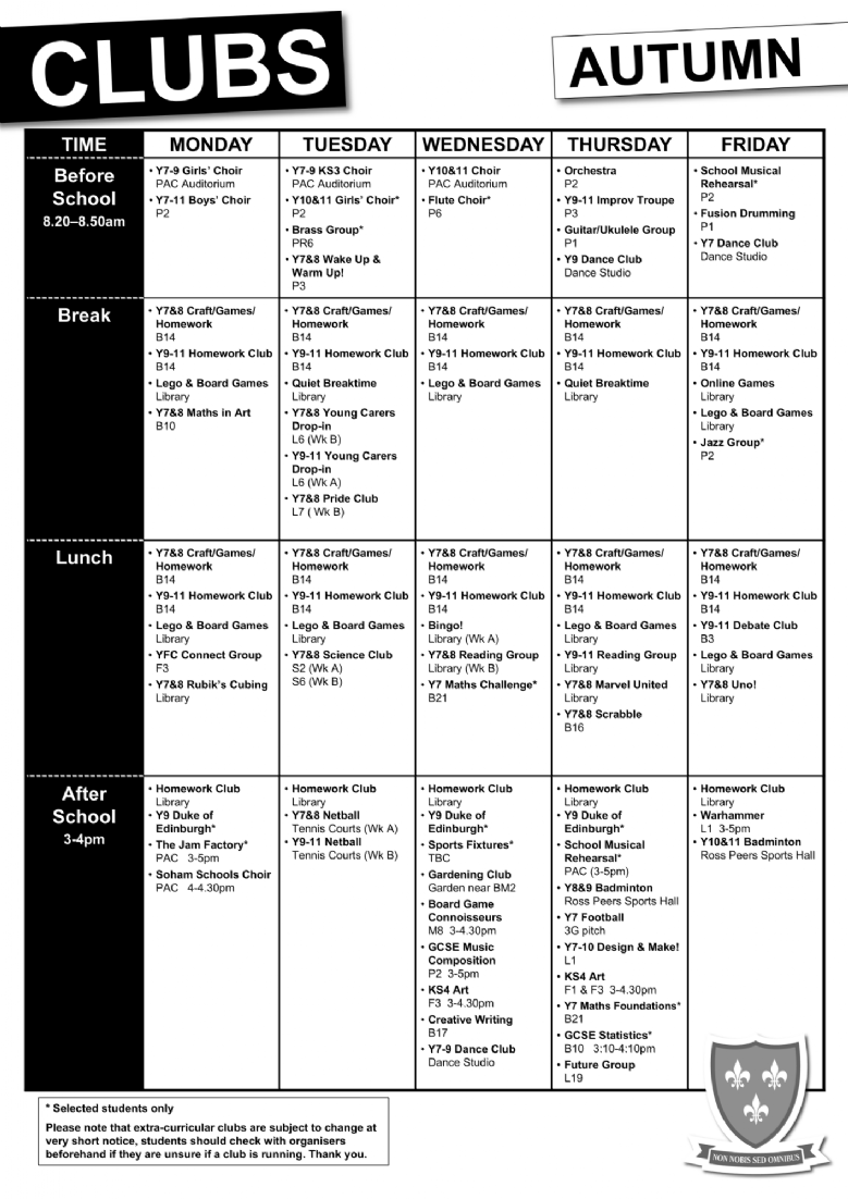 Clubs timetable