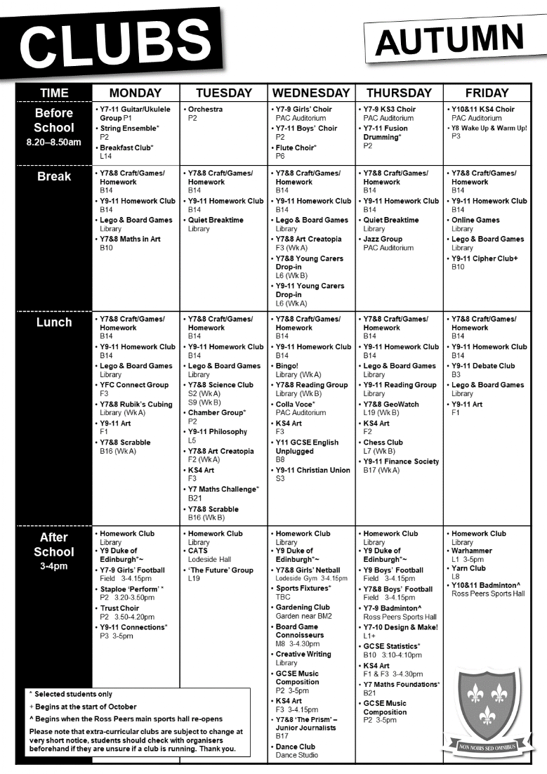 Clubs timetable
