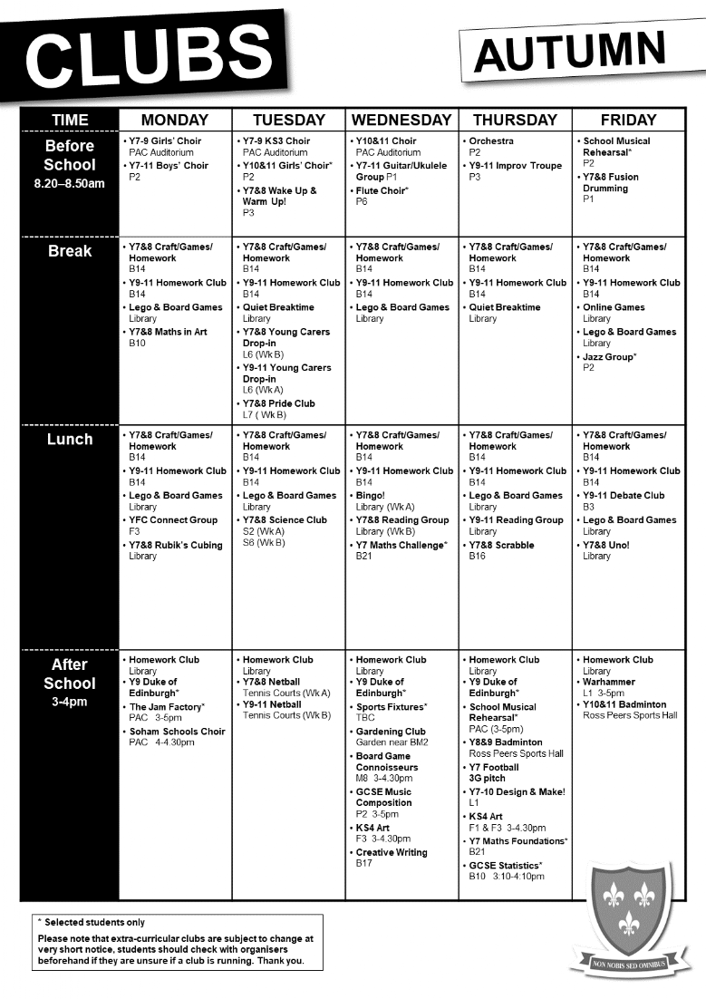 Clubs timetable