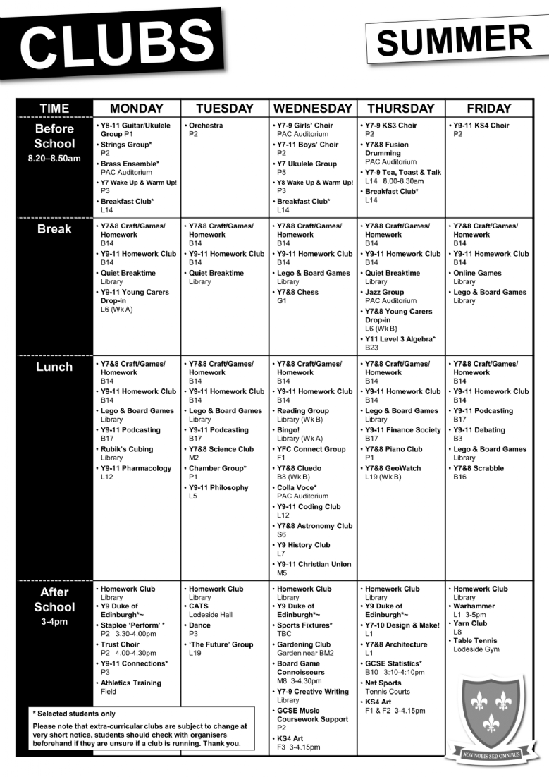 Clubs timetable