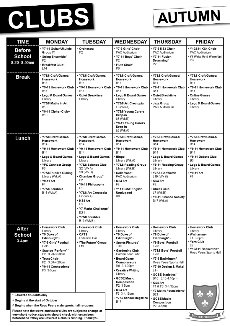 Clubs timetable