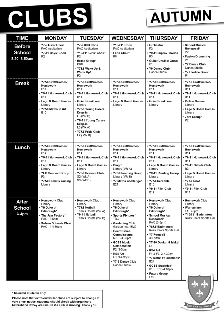 Clubs timetable